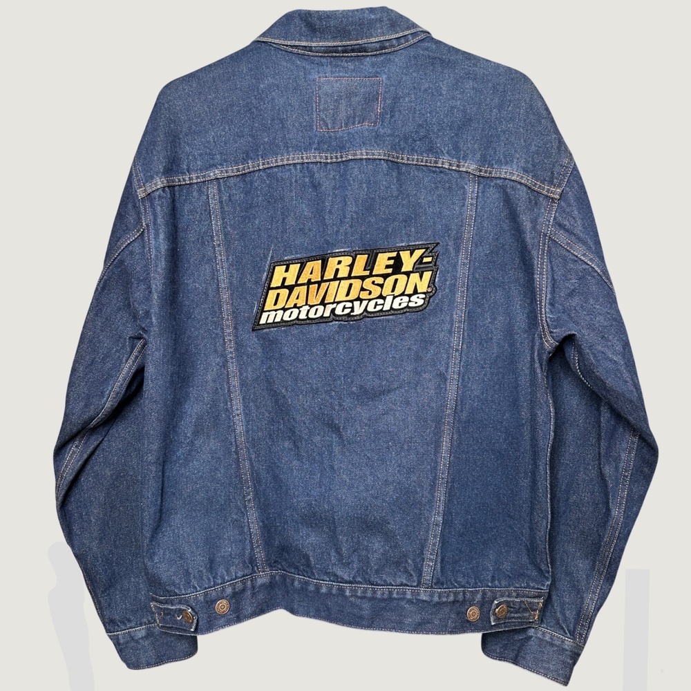 Levi Strauss Signature Mens Blue Denim Harley Davidson Patch Trucker Jacket L